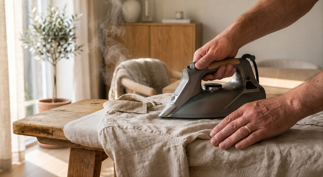 Some clothes are being ironed to look neat next to a large window in a modern laundry room.