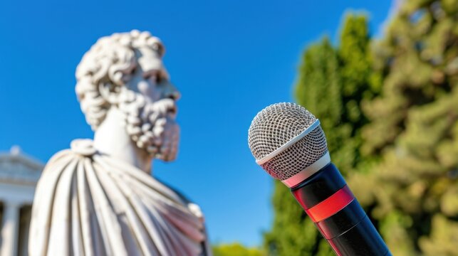 Statue of Philosopher with Microphone Symbolizing Modern Communication and Dialogue in a Classical Setting