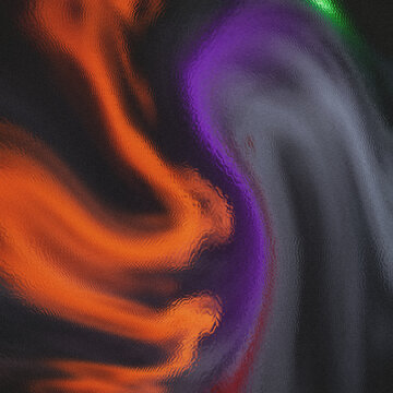 Grainy dark surface, a flowing orange wave blending into an amethyst current and textured grey, with a luminous emerald highlight, perfect for