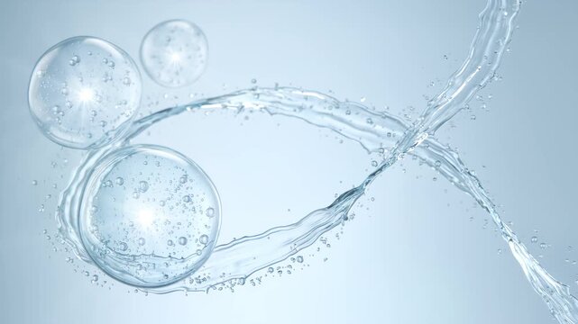 3D animation of glowing moisturizer bubbles floating on a flowing water background. Concept for deep skin hydration, hyaluronic acid, collagen serum, and moisture boost.