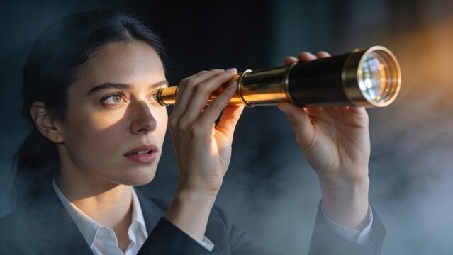 Businesswoman with a telescope for vision and future planning concept