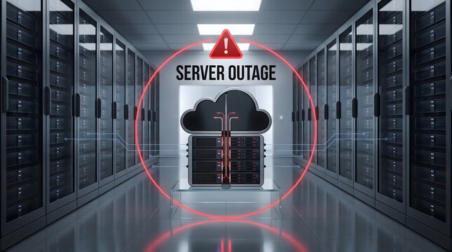 Server outage alert in data center with red warning circle