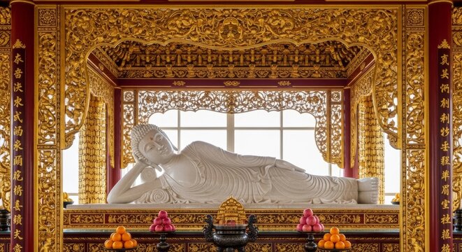 Detailed shot of a white marble reclining Buddha statue within a sanctuary of red wood and gold carvings