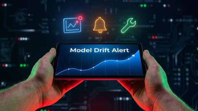 Model drift alert on digital tablet screen with predictive maintenance icons for industrial smart manufacturing inspection and control showing digital notification and tool model