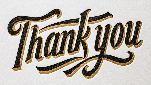 Elegant gold and black "Thank You" hand-lettered calligraphy on a textured white background, exuding gratitude and appreciation with a classic, sophisticated aesthetic