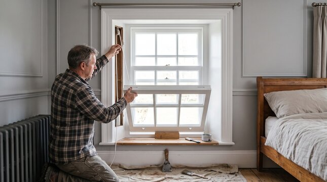 Sash window restoration in old bedroom, repaired wooden window repainted and adjusted by craftsperson