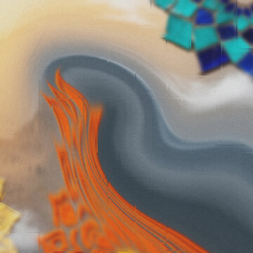 Granulated desert-gold flows into monsoon-grey current, featuring stylized tangerine rangoli patterns and fragmented teal-indigo mosaic forms, ideal
