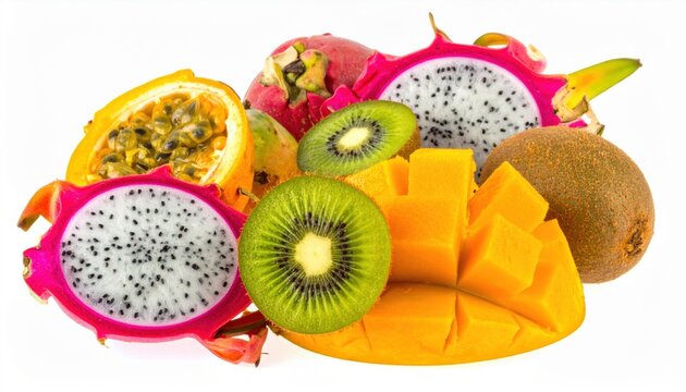 A vibrant assortment of exotic tropical fruits including dragonfruit, kiwi, mango, and passionfruit, showcasing natural sweetness and freshness
