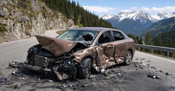 Severely damaged car wrecked on mountainous scenic roadway