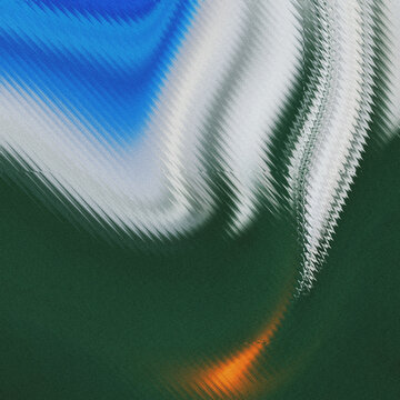 Granular dark green plane, a diagonal surge of electric blue and frosted silver, sharply rippled by digital distortions, and a molten orange flare,
