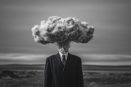 surreal photo, man with atomic cloud head, black suit beneath wide gray mushroom cloud on monochrome seashore, photorealistic.png