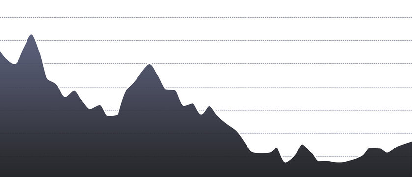 Dark navy downtrend area chart on transparent background. Financial market graph with dashed grid lines, business stock data decline, investment analytics.

