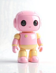 Fototapeta premium Cute pink and yellow toy robot on white background.