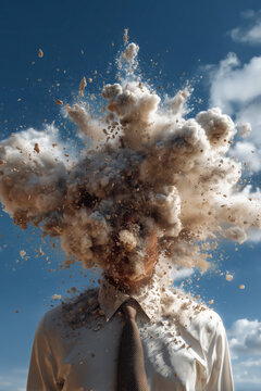 surreal photo, man in white shirt with exploding head, tan smoke blast beneath deep blue sky, photorealistic.png