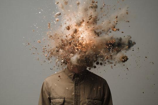 surreal photo, man with exploding head, beige shirt and face disintegrating into dirt on beige background, photorealistic.png