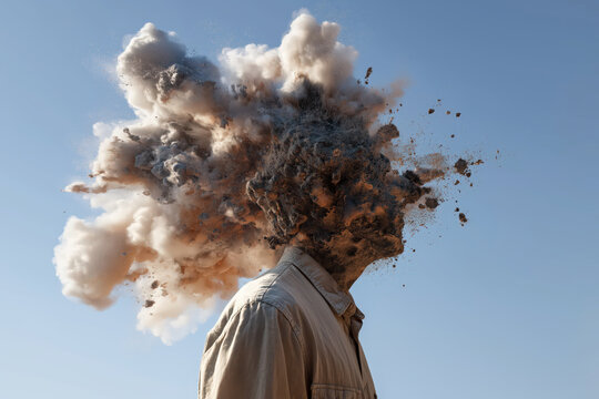 surreal photo, man with exploding head, beige shirt side profile beneath huge gray cloud under clear sky, photorealistic.png