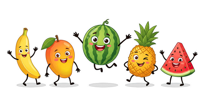Group of cute happy cartoon fruits characters isolated on transparent background
