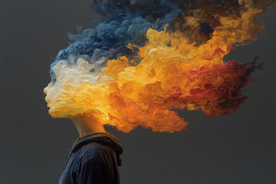 surreal photo, man with exploding head, blue shirt side profile replaced by flowing orange blue smoke, photorealistic.png