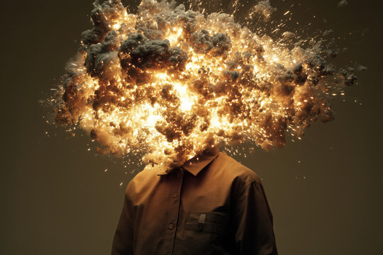 surreal photo, man with exploding head, brown shirt beneath glowing gold black explosion on dark backdrop, photorealistic.png