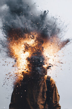 surreal photo, man with exploding head, brown jacket under black debris burst with central fire on white, photorealistic.png