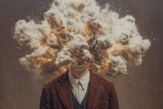 surreal photo, man with exploding head, brown suit and face hidden by dense beige smoke cloud, photorealistic.png