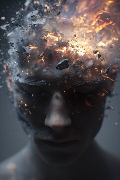 surreal photo, man with exploding head, dark closeup with upper face bursting into fragments and fire, photorealistic.png