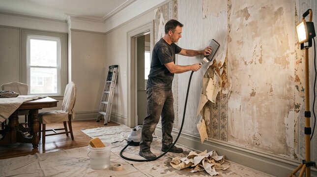 Wallpaper removal process in old dining room, multiple layers stripped to expose original wall surface
