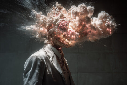surreal photo, man with exploding head, light gray shirt beneath pink gray mushroom smoke on concrete, photorealistic.png