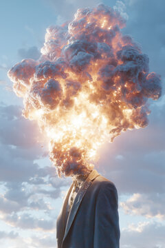 surreal photo, man with exploding head, gray suit beneath vertical fire smoke column under blue sky, photorealistic.png