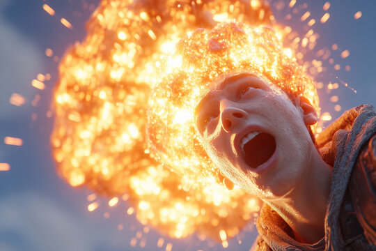 surreal photo, man with exploding head, screaming orange jacket closeup before huge glowing fireball, photorealistic.png