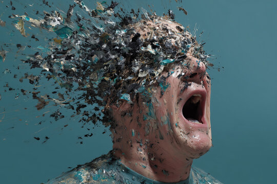 surreal photo, man with exploding head, screaming in turquoise shirt as face shatters into black debris, photorealistic.png