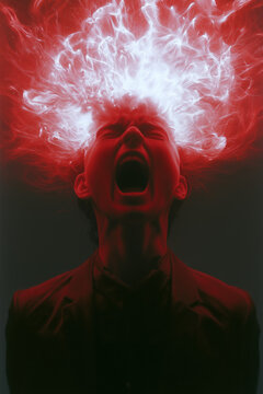 surreal photo, man with exploding head, screaming red face beneath white red vapor plume on black, photorealistic.png