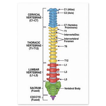 Color coded anatomical chart of human vertebral column sections and vertebrae