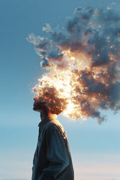 surreal photo, person with exploding head, blue clothing side profile under bright orange blast against blue sky, photorealistic.png
