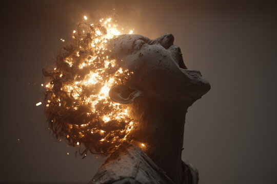 surreal photo, person with exploding head, head tilted back as golden fragments burst across warm brown background, photorealistic.png