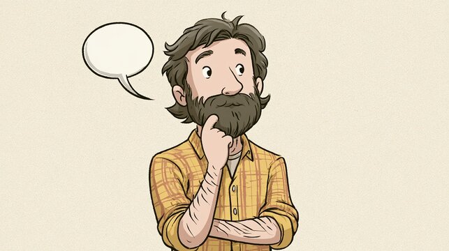 Cartoon Illustration of a Pondering Man with a Beard and a Thought Bubble, Expressing Curiosity, Doubt, or Deep Thought, with Space for Text