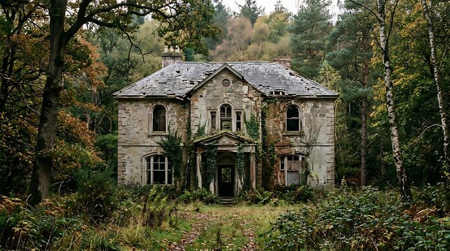 Abandoned stone mansion hidden deep within a dense forest