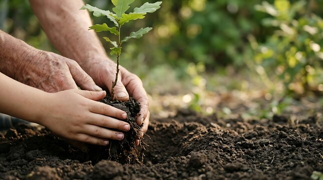 Senior and child hands planting a small oak tree in the soil