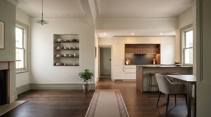 Fototapeta premium Preserved historic details with modern upgrades, restored old home kitchen and dining threshold interior
