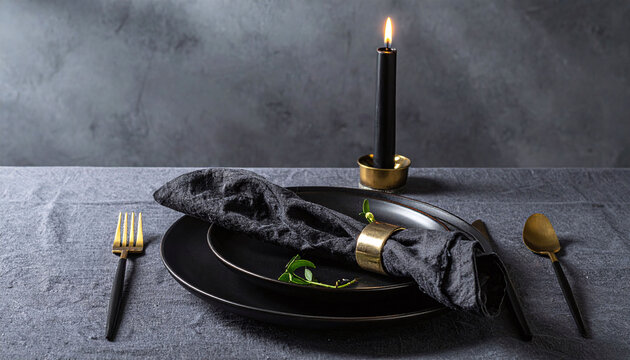 A dark, elegant table setting with a flickering candle creates a moody, sophisticated atmosphere. No people in this minimalist dining scene, evoking a sense of refined, quiet luxury for events.
