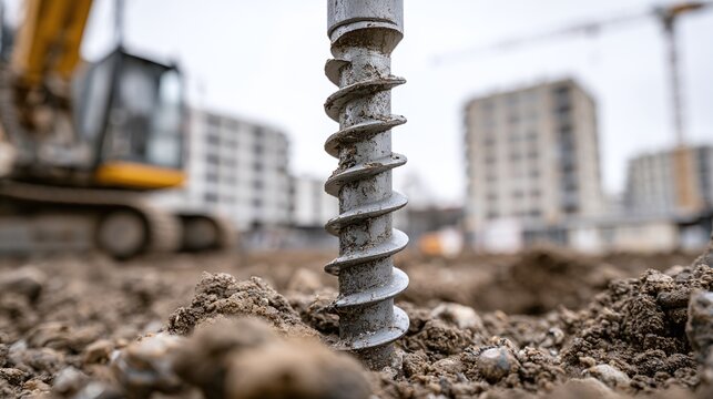 Close-up of a large metal auger drill bit penetrating rough construction site ground, with blurred heavy machinery and urban buildings in the distant background under an overcast sky