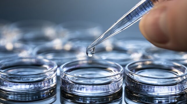 A precise hand manipulates a clear pipette, releasing a single, gleaming drop into a petri dish, symbolizing scientific precision, research, and laboratory work