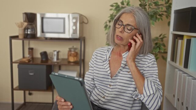 Middle age grey haired woman wearing glasses and a striped shirt holds phone to ear while reading a tablet in an office with shelves and plant; concentration productivity.
