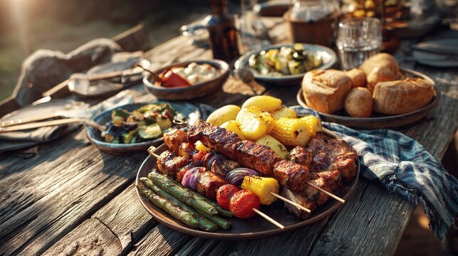 Inviting outdoor summer feast with grilled meats, vibrant vegetable skewers, and golden corn on a rustic wooden table, basking in warm afternoon sunlight, perfect for a gathering