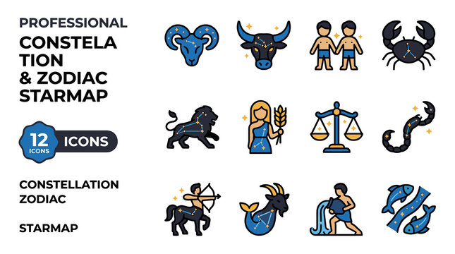 Pixel Art Zodiac Constellations and Icons Representing Astrology Signs