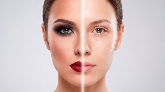 Split face portrait of a woman showing a before and after makeup transformation comparing bare skin with heavy glamour cosmetics