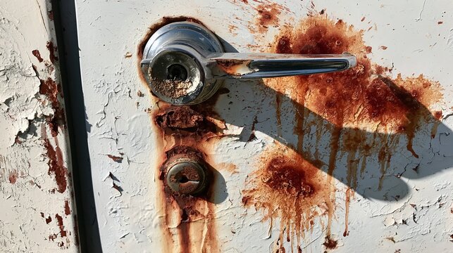 Close-up of a weathered vehicle door handle and keyhole, revealing extensive rust and peeling white paint, creating a textured, aged, and neglected surface under harsh sunlight