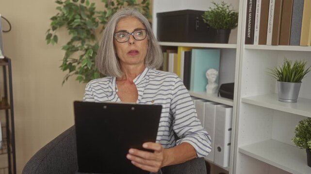 Woman writing on clipboard in an office building, holding a pen and reading documents; concentration productivity planning.