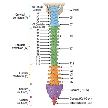 Detailed diagram of human vertebral column and segments with vertebrae, skeleton