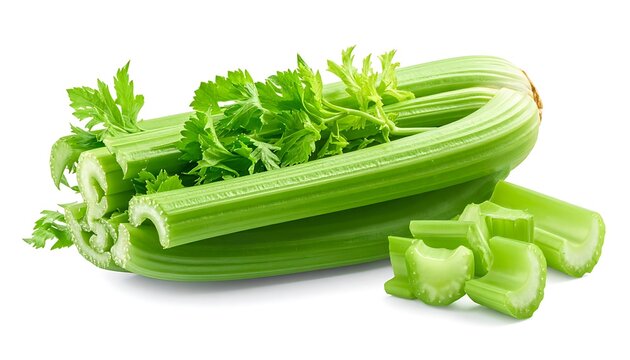 Fresh celery stalks and chopped pieces on a white background, healthy food ingredients, vegetable and nutrition concept